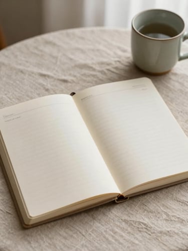 A top-down flat-lay of an open printable prayer journal on a textured linen tablecloth, soft morning light, a ceramic mug nearby, muted sage and sand tones, 35mm