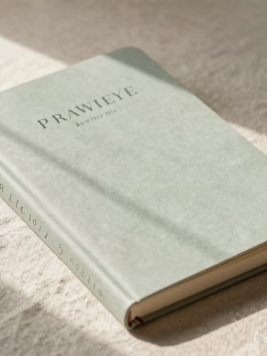 Top-down flat-lay of printed prayer journals on a textured linen tablecloth, soft morning light, warm shadows