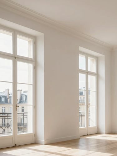 Bright pristine Parisian apartment interior, high ceilings, large windows with soft natural daylight streaming in, minimalist luxury, 35mm lens