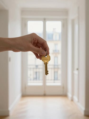 Close-up of premium brass keys being handed over professionally in a bright, sunlit Parisian apartment hallway, 35mm lens