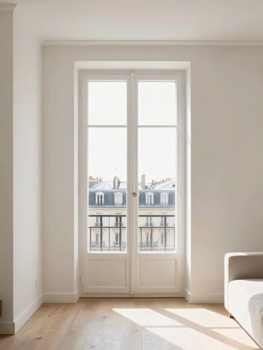 Portrait architectural crop of a luxury Parisian apartment, bright natural window light streaming across a clean minimalist living room, soft neutral tones, editorial interior photography, 35mm lens.