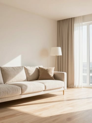 Pristine modern apartment living room, warm champagne accents, elegant wooden floor, bright natural daylight, editorial interior photography style