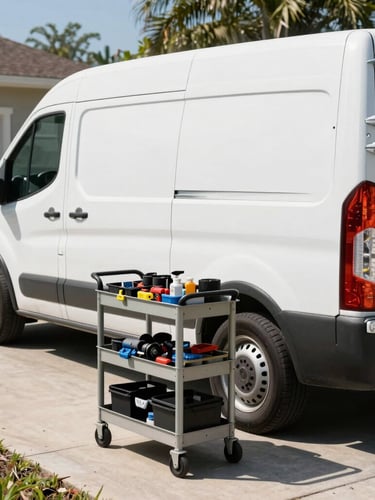 A clean white service van parked in a sunny Deltona residential driveway, tools neatly organized on a mobile cart in the foreground, natural outdoor shadows.