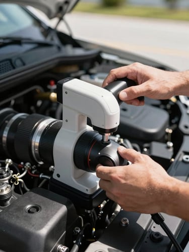 Close-up of hands using a professional diagnostic scanner inside a car engine bay, bright Florida daylight, high contrast.