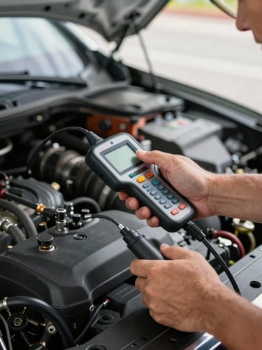 A professional mechanic's hands using a diagnostic scanner inside a car engine bay, bright Florida daylight, high contrast, tools resting nearby