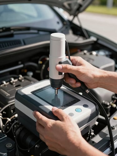 Close-up action shot of hands using a diagnostic scanner inside a car engine bay, bright Florida morning light, high contrast.