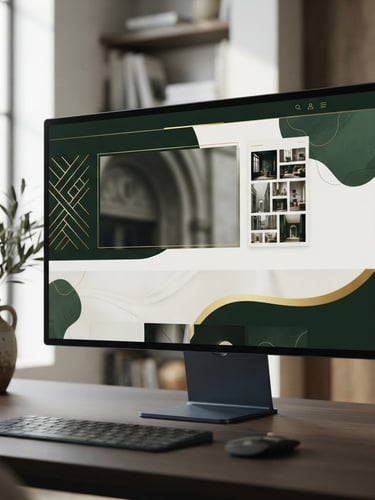 High-end design mockup of a sleek website UI on a modern monitor, with subtle brand elements in dark green and gold, soft natural daylight.