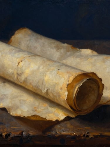Macro shot of weathered ancient parchment scrolls resting on rough wood under dramatic golden-hour chiaroscuro, fine art oil painting style, deep navy shadows.