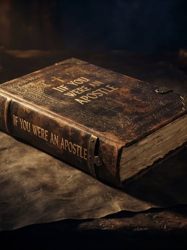 A photorealistic 3D mockup of an ancient leather-bound study book titled 'If You Were an Apostle' resting on a dark textured parchment surface, dramatic golden-hour side lighting, chiaroscuro style