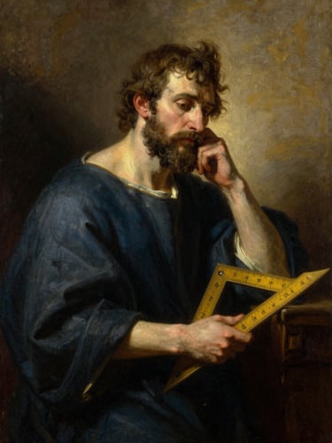 Analytical oil painting portrait of the Apostle Thomas in deep contemplation, soft shadow, holding a builder's square, dramatic chiaroscuro