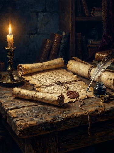 A weathered wooden table with ancient textured parchment scrolls, candle light casting a warm golden glow, oil painting style, deep navy tones.