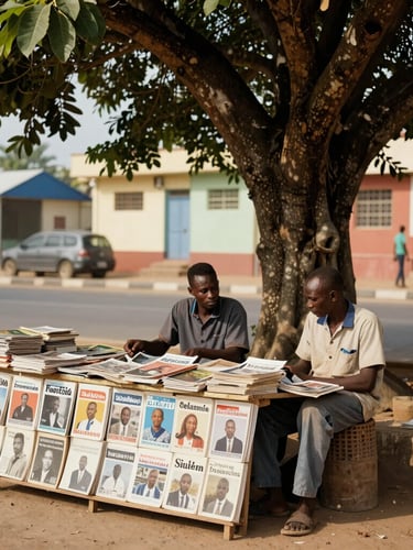 Scène de rue authentique à Dakar, un marchand de journaux installé sous un grand arbre, étalage de quotidiens imprimés, lumière naturelle du matin.