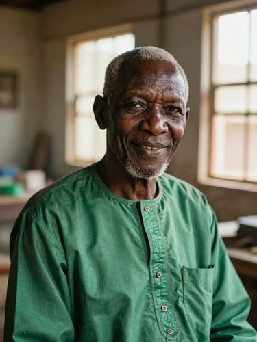 A close-up portrait of an elderly Senegalese craftsman in a green boubou, smiling warmly inside his workshop in Dakar, soft morning light filtering through a window.