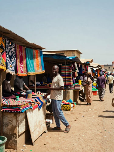 A wide-angle, bright Sahelian sunlight shot of a bustling Dakar street market, a local merchant smiling behind colorful fabric stalls, vibrant but natural tones, environmental framing.