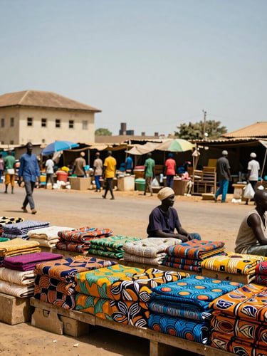 Vue latérale lumineuse du marché de Sandaga à Dakar, étals de tissus colorés sous le soleil sahélien, perspective dégagée sur l'architecture soudano-sahélienne en arrière-plan.