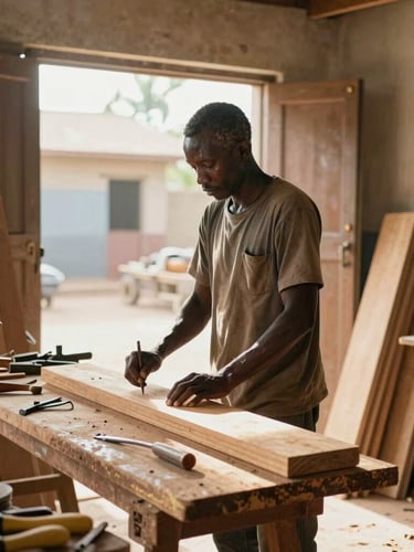Straightforward medium shot of a local carpenter workshop in Dakar, bright Sahelian sunlight streaming through open doors, wooden planks and tools neatly arranged.