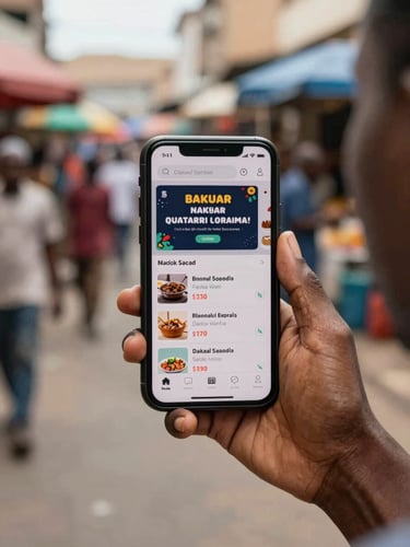 A close-up of hands holding a smartphone displaying a local classified ad, with a bustling Dakar street market softly blurred in the background, warm natural light