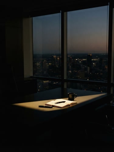 Dramatic low-key chiaroscuro photography of a dark, high-altitude office silhouette overlooking a dim city skyline at dusk, sharp golden light shaft cutting across a heavy obsidian desk, 35mm film