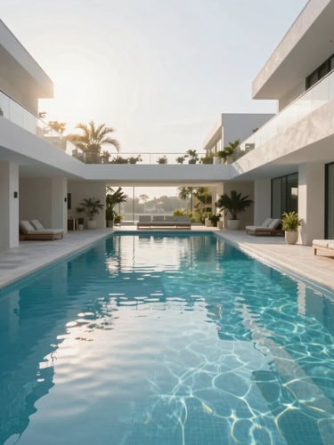 Symmetrical wide shot of a pristine luxury residential clubhouse pool at sunrise, crystal-clear water with advanced filtration visible, modern architecture, clean lines, bright crisp daylight