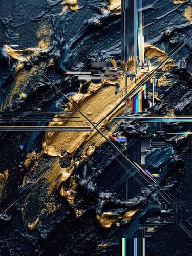 A dramatic macro shot of thick physical oil paint textures in deep navy and gold, sliced by sharp digital glitch lines, 35mm photography.