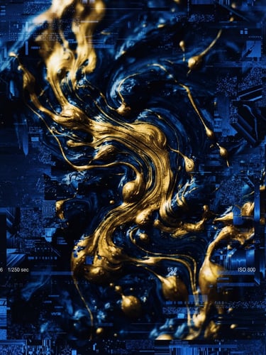 Dramatic high-contrast close-up of liquid gold paint swirling into deep cobalt blue digital glitch textures, 35mm, dark editorial photography.