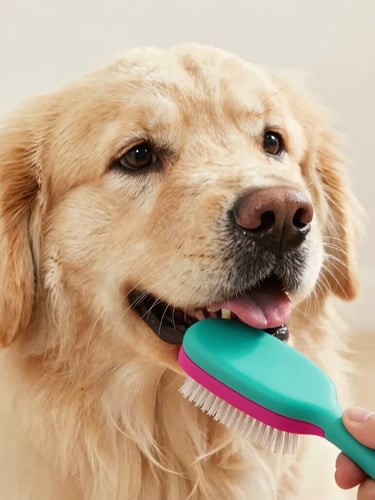 Close-up of a happy fluffy golden dog being gently brushed with a teal and magenta ergonomic brush, soft warm studio lighting, clean fur, shallow depth of field, 35mm