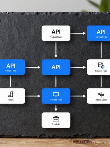 A clean, high-contrast integration workflow diagram on a dark slate screen, showing API connections mapping product feeds to a mobile comparison interface, vibrant electric blue accents, modern tech aesthetic, 35mm.