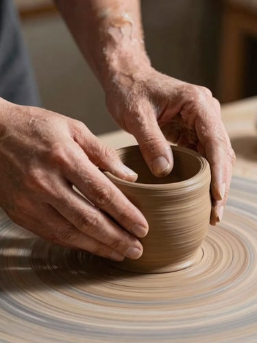 High-contrast side-lighting on raw terracotta clay being shaped by artisan hands, warm shadows, unbleached cotton background, editorial art catalog style.
