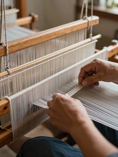 Close-up of a master weaver's hands operating a wooden pit loom, tensioned warp threads stretching into the background, soft workshop light.