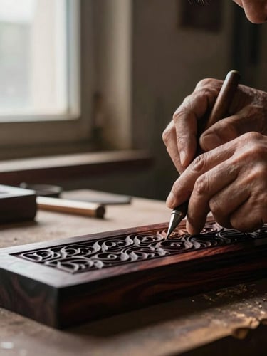 Extreme close-up of a master artisan's hands carving intricate patterns into dark rosewood, natural high-contrast side-lighting from a dusty workshop window, deep shadows.