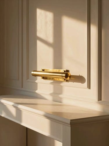 Elegant warm-toned architectural detail of a luxury North Atlanta home, soft golden-hour window light reflecting off a polished brass fixture and white oak console, wide environmental crop, 35mm.