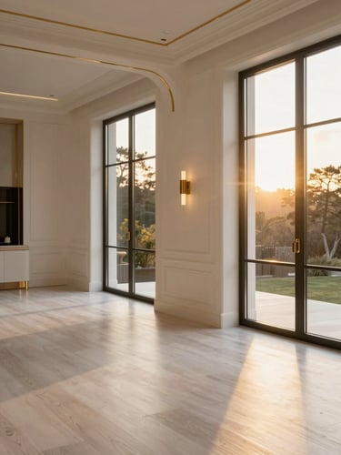 A sun-drenched modern luxury home interior with golden-hour window light reflecting on white oak floors and brass details, elegant architectural crop, 35mm