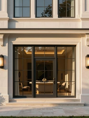 Warm editorial photography of a sun-drenched modern estate exterior in North Atlanta, golden-hour window light, elegant white oak and stone details, wide architectural crop