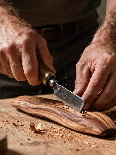 Tight portrait shot of a craftsman's hands using a vintage drawknife to shape a walnut timber curve, fine wood shavings falling, dramatic side lighting, high contrast.