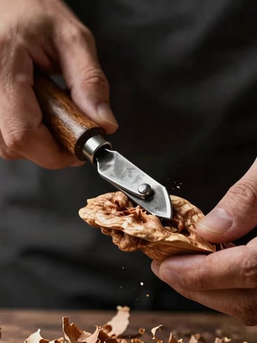 Chiaroscuro close-up of hands using a vintage drawknife to shape a walnut wood curve, fine shavings falling, dark moody background, high contrast natural light