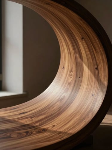 A tight architectural crop of a sweeping walnut wood curve, sculpted with hand-shaped precision, lit by high-contrast side window light with rich shadows.