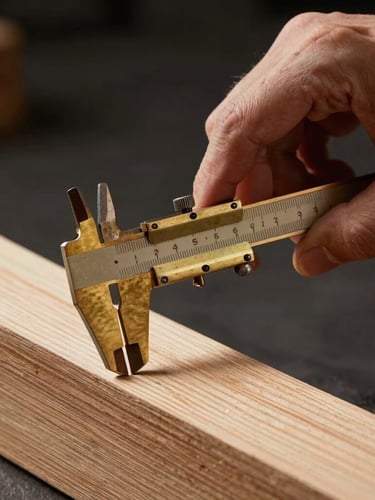 Hands of an artisan carefully measuring a curved timber frame with a vintage brass caliper, dramatic side lighting, dark background.