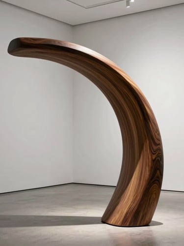 Chiaroscuro lighting on a large curved walnut wood sculpture in a bright, white-walled gallery space, soft shadows, elegant minimalist composition.