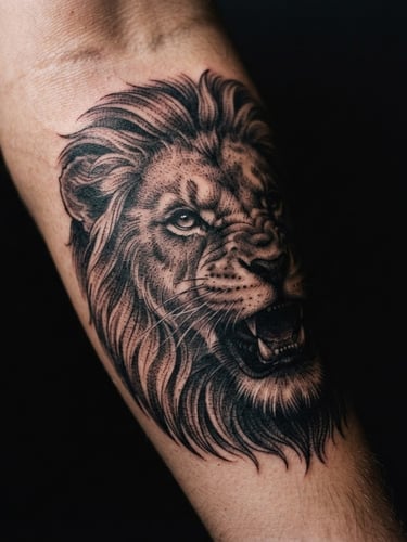 Macro close-up of sharp, healed black ink realism tattoo on clean skin, dramatic side lighting from the left casting deep shadows, emphasizing skin texture and crisp line work, 35mm film style.