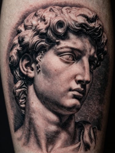 Macro close-up of a healed realism tattoo of a classical marble sculpture on skin, dramatic shadows, sharp focus on ink texture, 35mm film
