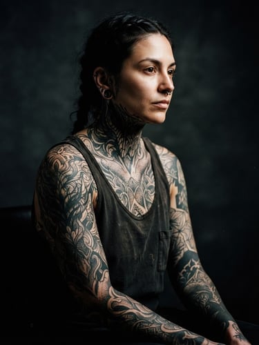 Moody editorial portrait of a client showcasing extensive custom blackwork tattoos, dramatic high-contrast side lighting, deep charcoal background, 35mm film.
