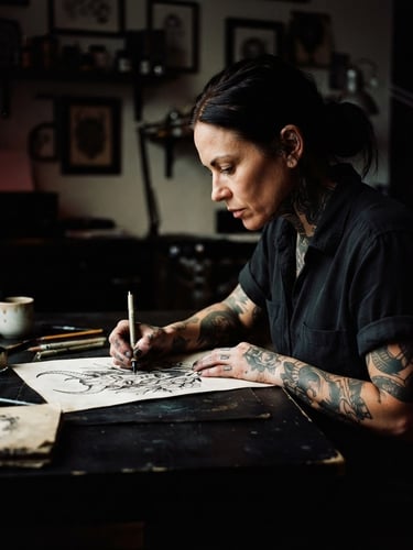 Moody editorial portrait of a master tattoo artist at a clean minimalist desk sketching on paper, high-contrast directional studio lighting, deep blacks, 35mm film