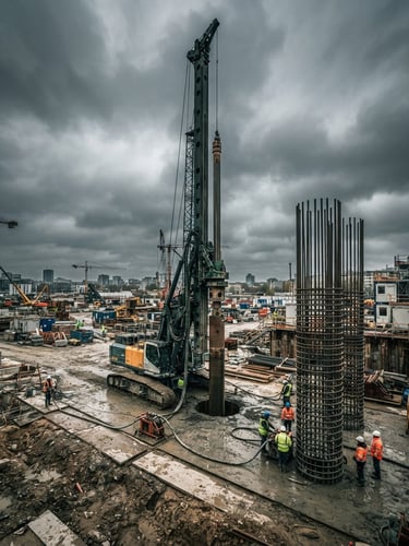 Dramatic industrial photography, high-contrast overcast daylight. A massive crawler drilling rig operating on a construction site, steel reinforcement cages waiting to be lowered into a deep shaft, raw concrete textures, wide-angle lens.