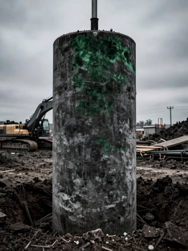 Portrait-oriented image of a large diameter concrete pile being installed in challenging soil, dramatic industrial photography, high-contrast, dark tones, machinery in background, bleeding to edge.