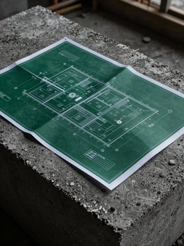 Close-up of architectural blueprints laid out on a concrete block at an active construction site, high-contrast overcast daylight, dark gray and deep green tones, raw textures