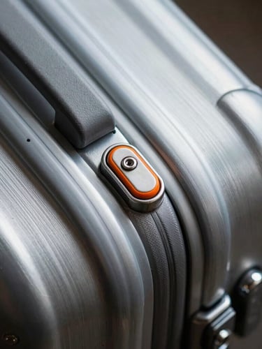 Extreme close-up of a brushed aluminum suitcase handle, focusing on the mechanical release button and safety orange accents, sharp studio lighting.