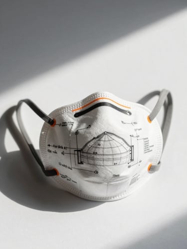 Technical CAD orthographic line drawing of a multi-layered protective mask on a stark white background, sharp architectural shadows, technical annotations, safety orange accent highlights.
