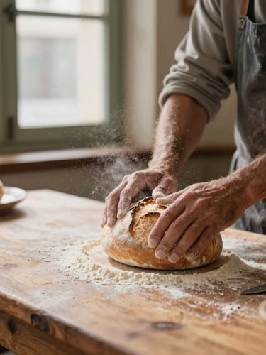 Plano medio de manos de un residente amasando pan sobre una mesa de madera rústica en la panadería social, iluminadas por la luz natural que entra por la ventana, con harina suspendida en el aire.
