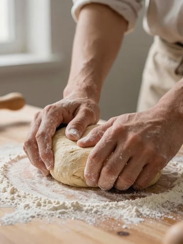 Close-up of hands kneading rustic dough on a wooden table covered in flour, warm natural light from a side window