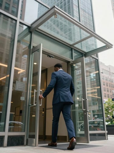 Medium environmental shot under bright overcast daylight of a professional in a dark overcoat entering a modern glass-fronted office building, sharp reflections of city trees on the glass.